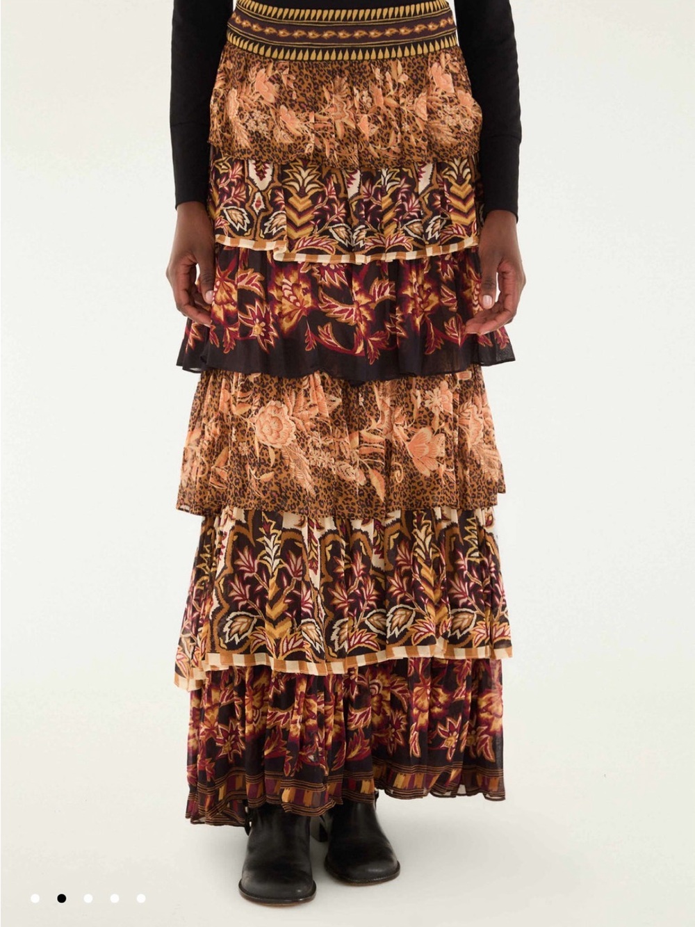 FARM Rio Mixed Scarves Tiered Ruffle Maxi Boho Festival Warm Tones Skirt